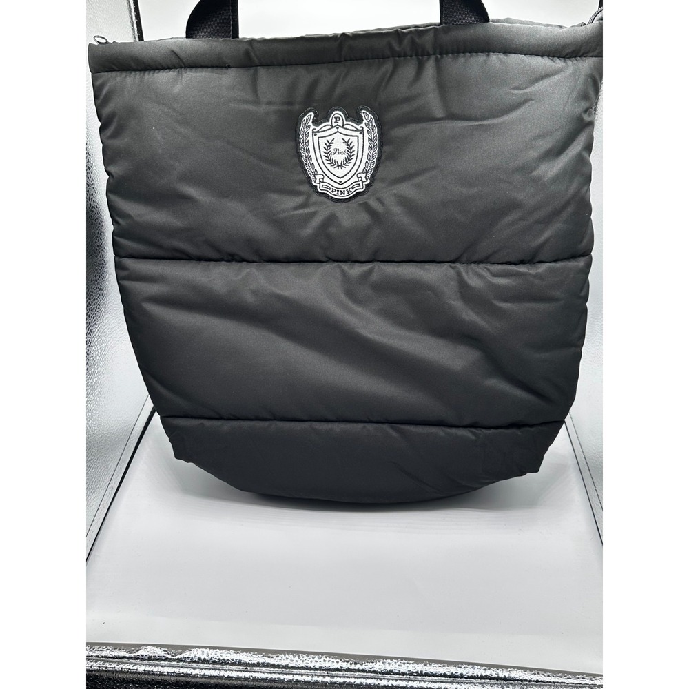 Victoria Secrets PINK Black Large Puffer Tote Bag Embossed Patch SKU 265
